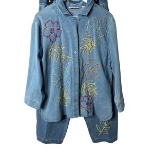 Vtg 90s Bechamel Embroidered Denim 2-Pc Set Top & Pants Boho Artsy Teacher Core